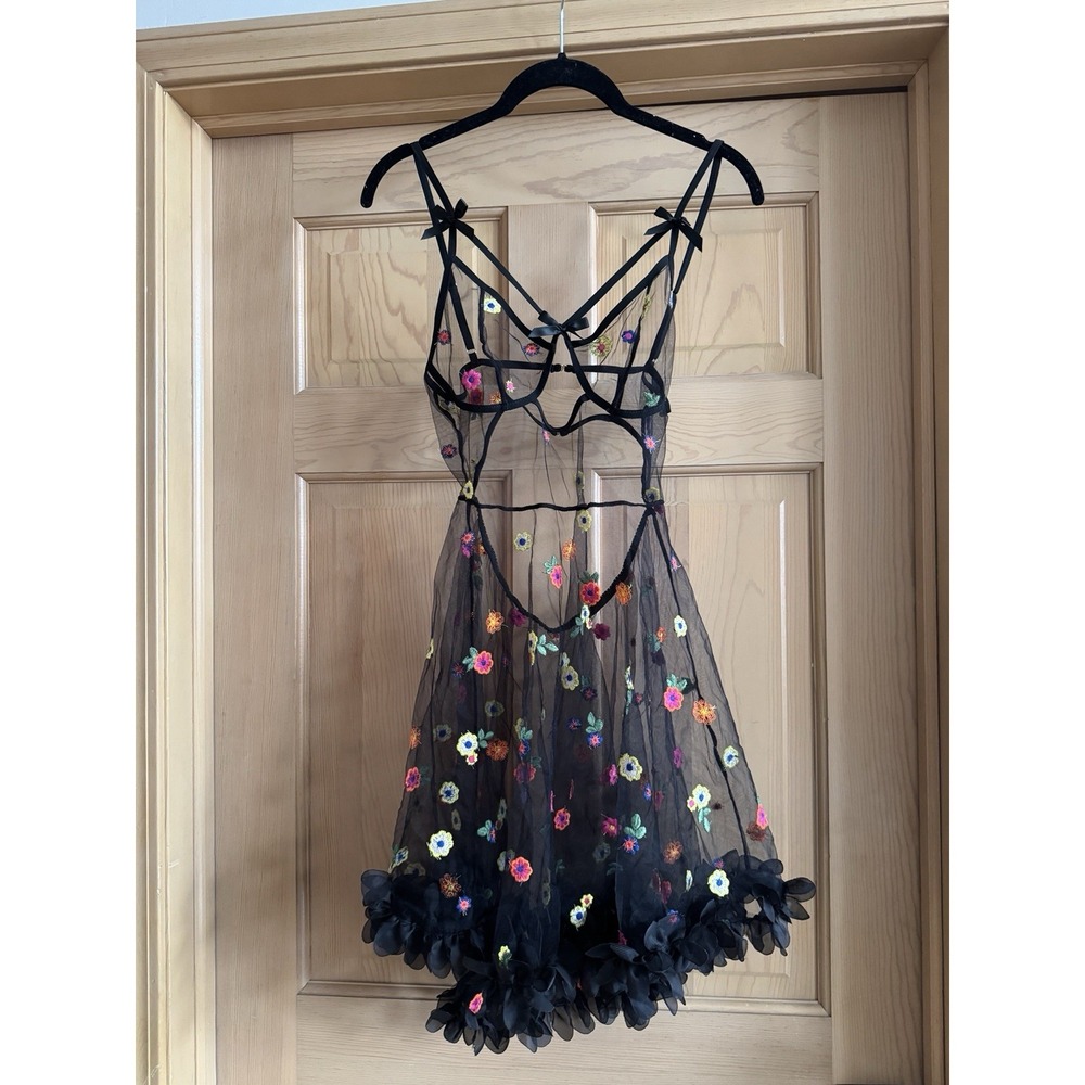 Women's Black Floral Embroidery Mesh Baby Doll Lingerie Ruffle Slip Dress Size S